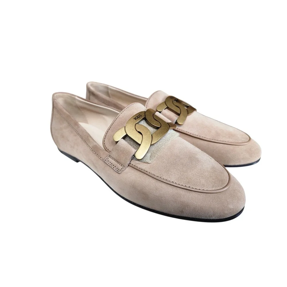 Tod's Kate Loafers Cappuccino Suede Gold Chain Flats XXW79A0DD00D8WC806 35.5 NIB